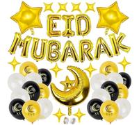 KEYIDO 43 pcs Eid Mubarak Decorations for Home Eid Decor Baloons Gold Ramadan Mubarak Decorations Foil Balloon Banners and Latex Balloons Moon Stars Islamic Party Supplies