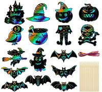 KEYIDO 48 Pieces Halloween Crafts Halloween Scratch Art for Kids Halloween Party Bag Fillers with 48 Pcs Colourful Ribbons and 24 Pcs Wooden Stylus