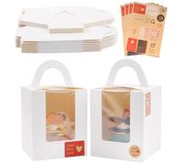 KEYIDO 50pcs Individual Cupcake Boxes White Single Cupcake Box 1 Hole Cake Box with Clear Window Handle and 4 Sheets Stickers for Wedding Birthday Party Favors