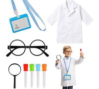 KEYIDO 8 Pcs Scientist Costume Kids Science Costume with White Kids Lab Coat Goggles Dropper Work Card Magnifier Childrens Scientist Science Day Inventor Outfits for Boy Girls 130-140cm