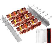KEYIDO BBQ Skewer Rack Set, 2 Kebab Racks and 12 Barbecue Skewers, Stainless Steel Meat Skewers with Holder, Universal Skewers Accessories for Gas Grill, Charcoal Grill, Smoker (14-Pack)