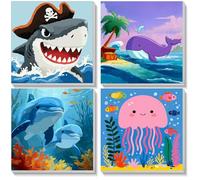 KEYIFA 4 Pack Paint by Numbers Kits for Adults Beginners, Animals Paint Numbers Framed on Colored Canvas, DIY Sharks Craft Art Kits Acrylic Pigment Drawing, Home Wall Decor 8x8Inch