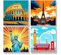 KEYIFA 4 Pack Paint by Numbers Kits for Adults Beginners, Paint by Numbers Framed on Canvas，DIY Architecture Craft Art Painting Kits for Children，Oil Painting Kits Home Wall Decor 8x8Inch