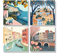KEYIFA 4 Pack Paint by Numbers Kits for Adults Beginners, Paint by Numbers Framed on Canvas，DIY Landscape Architecture Craft Art Painting Kits for Children，Oil Painting Kits Home Wall Decor 8x8Inch