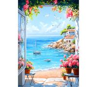KEYIFA 5D DIY Diamond Painting Kits for Adults, Sea View Window Full Drill Canvas Photo Diamond Art, Crystal Art Diamond Painting Craft Kits for Beginners, Home Wall Decor 30x40CM
