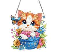 KEYIFA Diamond Art Kit for Erwachsene, Cat with Flower Basket DIY Hanging Diamond Painting Crystal, Acrylic Gem Art Board, Diamantmalerei Anhänger, Hanging Ornaments Kit for Home Decor