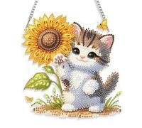 KEYIFA Diamond Art Kit for Erwachsene, Kitten Sunflower DIY Hanging Diamond Painting Crystal, Acrylic Gem Art Board, Diamantmalerei Anhänger, Hanging Ornaments Kit for Home Decor