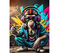 KEYIFA Paint by Numbers for Adults, DJ Monkey with Headphones Painting by Number Canvas Kits with Acrylic Paint Brushes, DIY Craft Oil Painting Art Kits for Adults, Home Wall Decor 30x40cm