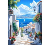KEYIFA Paint by Numbers for Adults, Greek Village Scenery Painting by Number Canvas Kits with Acrylic Paint Brushes, DIY Landscape Craft Oil Painting Art Kits for Adults, Home Wall Decor 30x40cm
