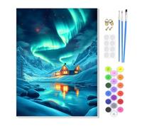 KEYIFA Paint by Numbers for Adults on Framed Canvas,Aurora Cabin Painting by Number Canvas Kits with Acrylic Paint Brushes, DIY Craft Oil Painting Art Kits for Adults, Home Wall Decor 20x30cm