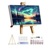 KEYIFA Paint by Numbers for Adults on Framed Canvas, Aurora Forest Lake Painting by Number Canvas Kits with Paint Brushes, DIY Craft Oil Painting Art Kits for Adults, Home Wall Decor 20x40cm