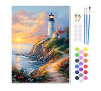 KEYIFA Paint by Numbers for Adults on Framed Canvas,Seaside Lighthouse Painting by Number Canvas Kits with Acrylic Paint Brushes, DIY Craft Oil Painting Art Kits for Adults, Home Wall Decor 20x30cm