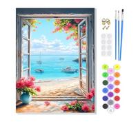 KEYIFA Paint by Numbers for Adults on Framed Canvas,Seaside View from a Window Painting by Number Canvas Kits with Acrylic Paint Brushes, DIY Craft Oil Painting Art Kits for Adults, Home Wall Decor
