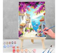 KEYIFA Paint by Numbers for Adults, Painting by Number Canvas Kits with Acrylic Paint Brushes, DIY Seaside Town Craft Oil Painting Art Kits for Adults, Home Wall Decor 30x40cm