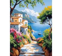 KEYIFA Paint by Numbers for Adults, Seaside Town Painting by Number Canvas Kits with Acrylic Paint Brushes, DIY Craft Oil Painting Art Kits for Adults, Home Wall Decor