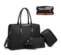 Keyli Laptop Bag for Women 15.6 inch Laptop Tote Bags Waterproof Leather Computer Briefcase Office Work Shoulder Handbag 4pcs, Black_1