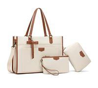 Keyli Laptop Bag for Women Canvas Tote Bags 15.6 inch Large Capacity Shoulder Handbag Lightweight Briefcase Purse 3 PCS Sets, Brown_3pcs