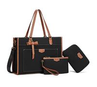 Keyli Laptop Bag for Women Canvas Tote Bags 15.6 inch Large Capacity Shoulder Handbag Lightweight Briefcase Purse 3 PCS Sets, Black_3pcs