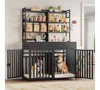 Keyluv 71''H x 47.2''W Large Dog Crate Furniture with 4-Tier Shelves and 2 Storage Drawers, Heavy Duty Dog Cage Furniture with 2 Doors, Wood & Metal Dog Kennel Indoor for Small/Medium/Large Dog, Black