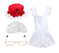 Keymall Christmas Mrs. Claus Costumes Set 4 Pcs With Mrs Claus Hat Old Lady Curly Wig Grandma Glasses Apron For Women Adult (Set A)