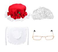 Keymall Christmas Mrs. Claus Costumes Set 4 Pcs With Mrs Claus Hat Old Lady Curly Wig Grandma Glasses Apron For Women Adult (Set B)