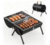 KEYO Portable Charcoal BBQ Smoker Grill with Double - Sided Cooking Zone | 236 Sq In, Small Outdoor Barbecue Grill with Enamel Frying Pan & Natural Wooden Handle, Camping Smoker for Garden, Shed,Patio