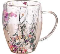KeyoGoS Dried Flower Double Wall Glass Mug, 350ml Insulated Coffee Cup with Handle, Heat-Resistant Clear Glass Tea Mug, Creative Flower Mug, Birthday & Christmas Gifts (Colorful Cup)