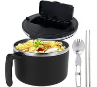 Keyohome 1200ml Rapid Ramen Bowl with Filterable Lid, 304 Stainless Steel Noodle Bowl with Spoon Chopsticks, BPA Free Ramen Cooker Bowl with Handle, Noodles Cooker Bowl for College Dorm Home (Black)