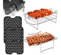 Keyohome 2PCS Air Fryer Double Layer Grilling Rack with 4 Skewers, Multi-Purpose Dual Air Fryer Accessories, Stainless Steel for Barbecue, Roasting Oven (Silver, D)