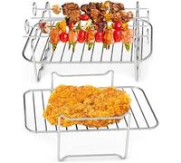 Keyohome 2Pcs Air Fryer Racks for Dual Drawer Stainless Steel Air Fryer Replacement Drawers with 4 Skewers Multi-purpose General Air Fryer Accessories for Barbecue Roasting Oven Grill