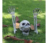 Keyohome Halloween Decoration Skeleton, 3pcs Fake Skeleton Head and Hands Set, Scary Plastic Skull Skeleton Decors, Realistic Spooky Fake Bones Prop for Garden Yard Lawn Haunted House Graveyard Décor