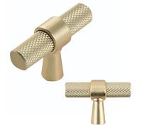 keypak 10 Pack Brushed Brass Knurled Kitchen Cupboard Handles, Knobs, Aluminium T-Bar Pulls for Cabinet, Wardrobe Doors, Chest of Drawers