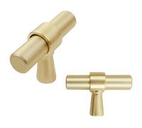 keypak 10 Pack Smooth Cabinet T-Bar Knobs, Brushed Brass - Modern Drawer Pull Handles for Kitchen Cupboards, Wardrobe Doors, Dresser