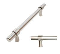 keypak 10 Pack Smooth T-Bar Cabinet Handles, 128mm Hole Centres, Satin Nickel - Modern Drawer Pulls for Kitchen Cupboards, Wardrobe Doors, Dresser