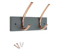 keypak 2 Double Hook Coat Rack - Polished Copper on Grey Board - 23cm Wide - Wall Mounted Wooden Rack for Hats, Coats, Entryway & Bathroom Use