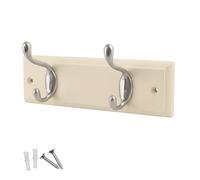 Keypak 2 Hook Cream Wall Mounted Coat Rack with 2 Basic Satin Nickel Hooks - Heavy Duty Wooden Board for Coats, Hats, Bags, Tools Space Saving Wall Storage Organiser, Fixings Included