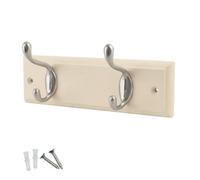 Keypak 2 Hook Cream Wall Mounted Coat Rack With 2 Satin Nickel Hooks - Wooden Board For Coats, Hats, Bags, Wall Storage Organiser