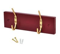 Keypak 2-Hook Door Wall Mounted Coat Rack, 19.5Cm - Mahogany Effect Wooden Board, Brass Plated Coat Hooks - Fixings Included