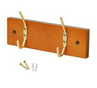 Keypak 2-Hook Door Wall Mounted Coat Rack, 19.5Cm - Pine Wooden Board, Brass Plated Coat Hooks - Fixings Included