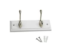 Keypak 2-Hook Door Wall Mounted Coat Rack, 22.5Cm - White Wooden Board, Satin Nickel Coat Hooks - Fixings Included