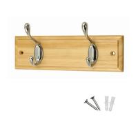 Keypak 2 Hook Pine Finish Wall Mounted Coat Rack with 2 Chrome Hooks - Heavy Duty Wooden Board for Coats, Hats, Bags, Tools Space Saving Wall Storage Organiser, Fixings Included