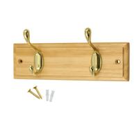Keypak 2-Hook Wall-Mounted Coat Rack, 22.5Cm - Pine Wood Effect Board, Polished Brass Coat Hooks - Fixings Included
