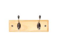 Keypak 2-Hook Wall-Mounted Coat Rack, 22.5Cm - Pine Wood Effect Board, Polished Chrome Coat Hooks - Fixings Included