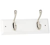 Keypak 2 Hook White Wooden Wall Mounted Coat Rack with 2 Satin Nickel Coat Hooks - Heavy Duty Wooden Board for Coats, Hats, Bags, Tools Space Saving Wall Storage Organiser