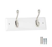 Keypak 2 Hook White Wooden Wall Mounted Coat Rack with 2 Satin Nickel Coat Hooks - Heavy Duty Wooden Board for Coats, Hats, Bags, Tools Space Saving Wall Storage Organiser