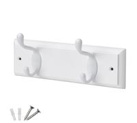 Keypak 2 Hook White Wooden Wall Mounted Coat Rack with 2 White Coat Hooks - Heavy Duty Wooden Board for Coats, Hats, Bags, Tools Space Saving Wall Storage Organiser, Fixings Included