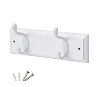 keypak 2 Hook White Wooden Wall Mounted Coat Rack with 2 White Coat Hooks - Heavy Duty Wooden Board for Coats, Hats, Bags, Tools Space Saving Wall Storage Organiser, Fixings Included