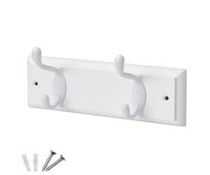 Keypak 2 Hook White Wooden Wall Mounted Coat Rack with 2 White Coat Hooks - Heavy Duty Wooden Board for Coats, Hats, Bags, Tools Space Saving Wall Storage Organiser, Fixings Included