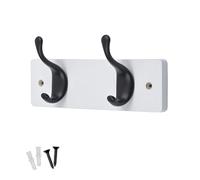 keypak 2 Matte Black Coat Hooks on White Wooden 22.5cm Board 3.4kg Per Hook