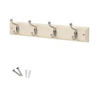 Keypak 4 Hook Cream Wooden Wall Mounted Coat Rack with 4 Satin Nickel Coat Hooks - Heavy Duty Wooden Board for Coats, Hats, Bags, Tools Space Saving Wall Storage Organiser, Fixings Included